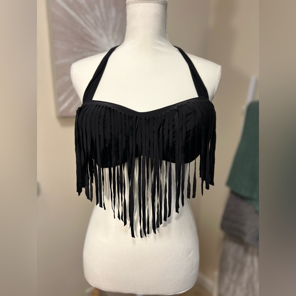 Black Fringe Halter Neck Bikini Top